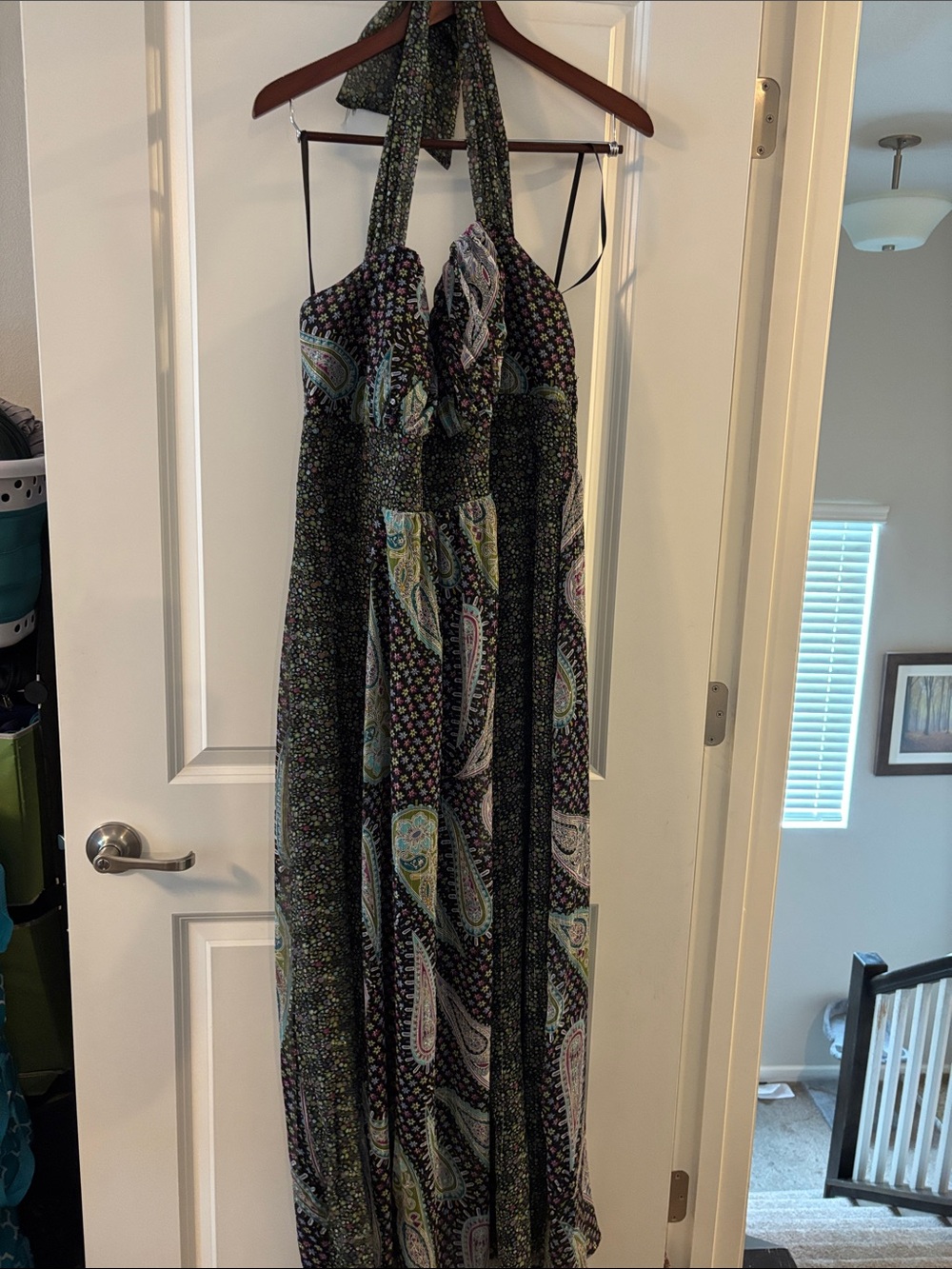 Halter Maxi Dress with Paisley Print - Black & Teal